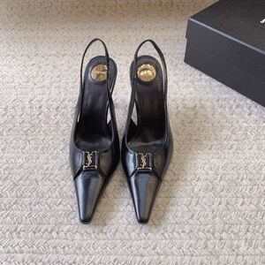 Yves Saint Laurent Black Leather Pointed Slingback Pumps with Gold Logo